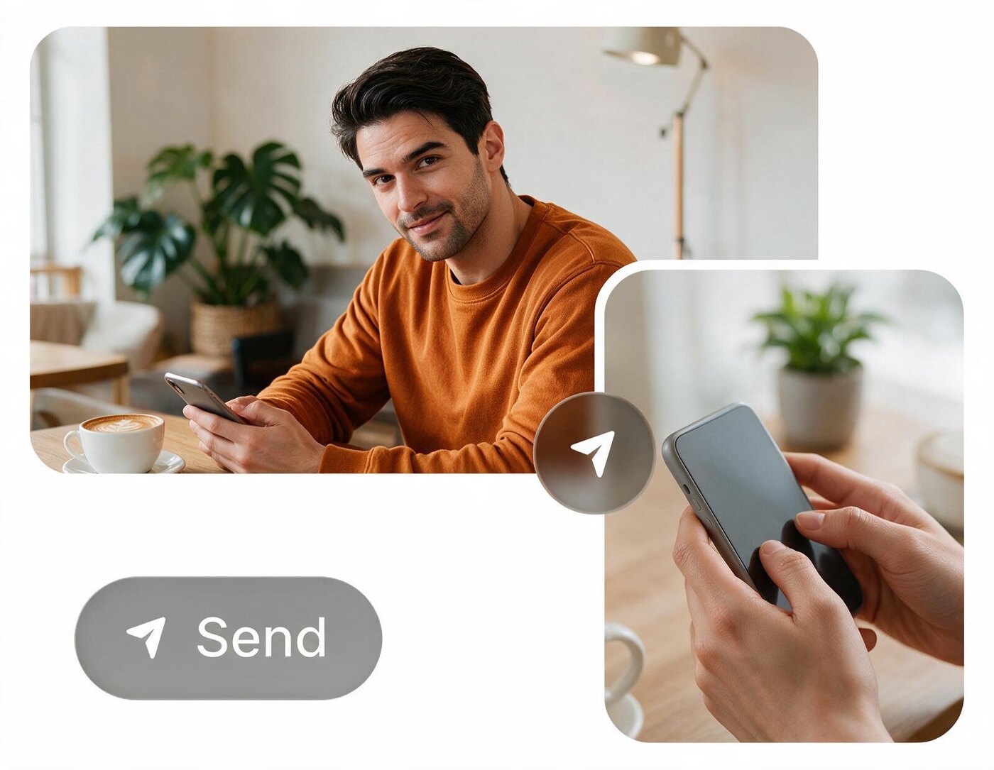 Three overlapping photographs of people writing replies on their phones, labelled Send