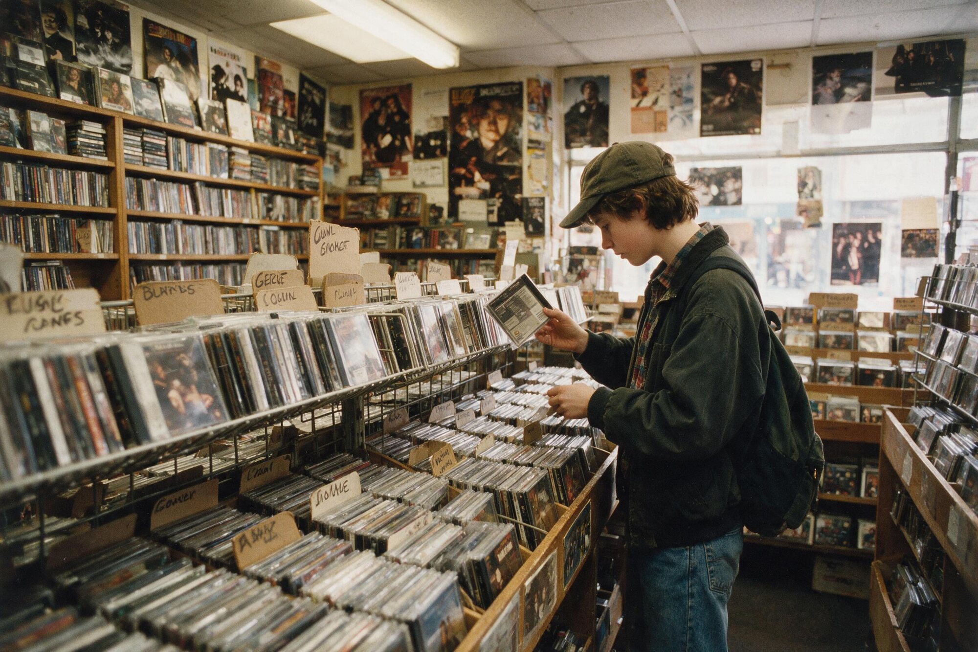 A customer in a 1990s record shop turning over a jewel-case CD, in front of racks of them