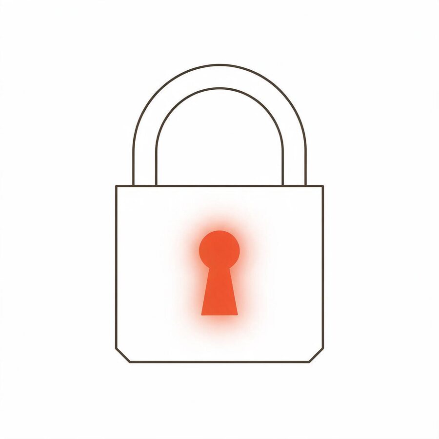 A padlock with a glowing ember keyhole, for privacy by default