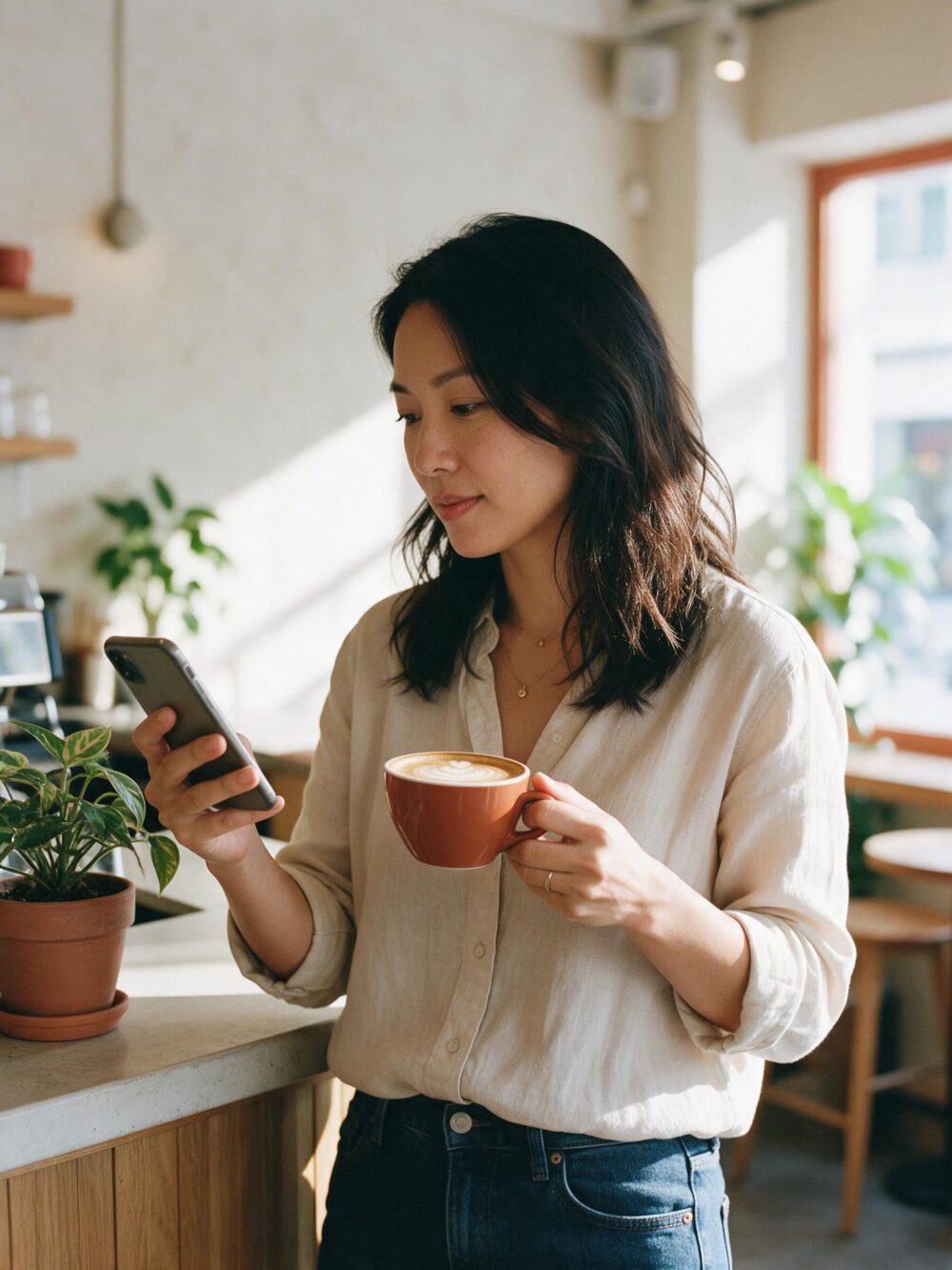 A founder at a café counter, glancing at her phone