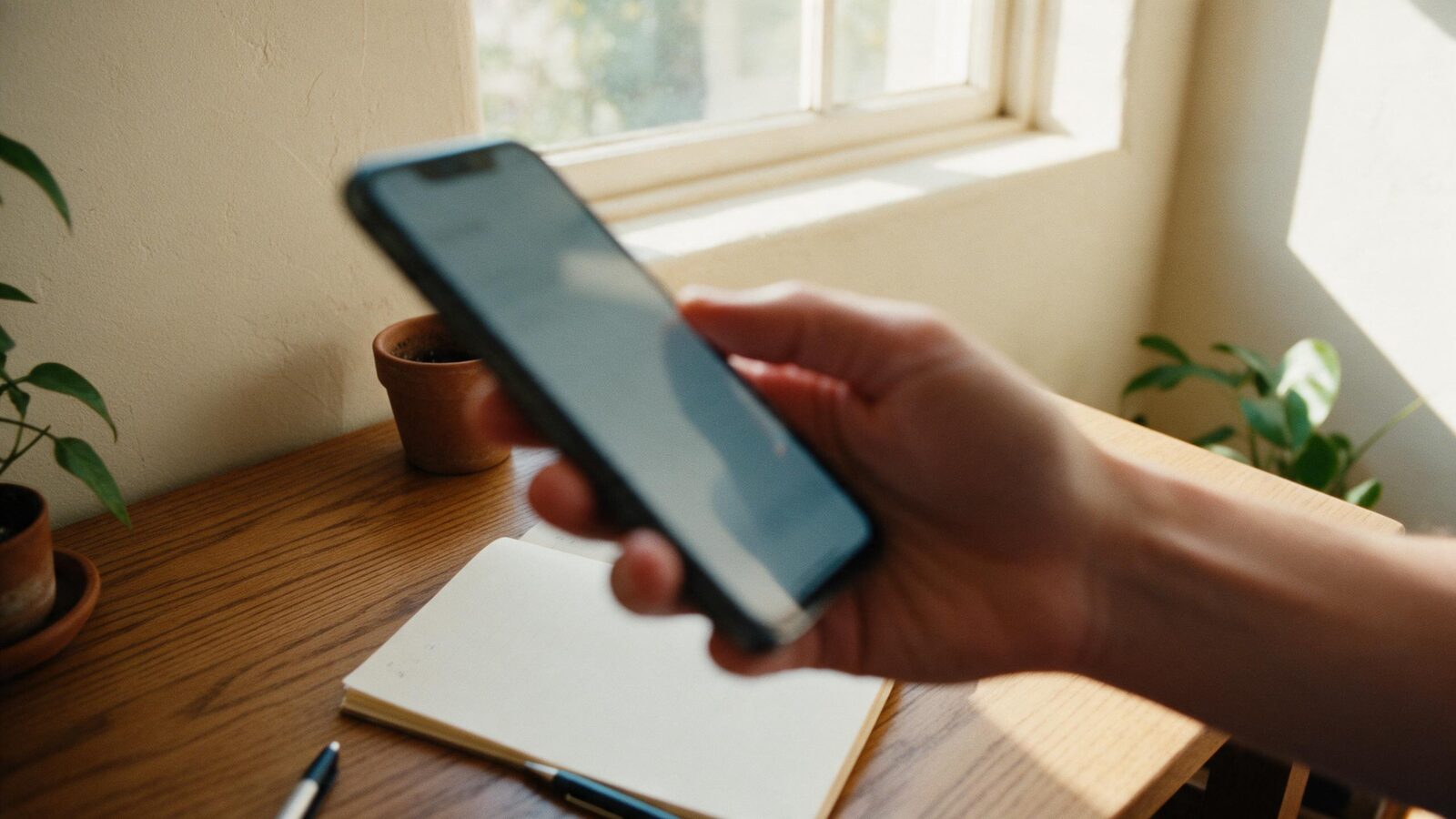 A hand holding a phone over a wooden desk with a notebook and a terracotta pot