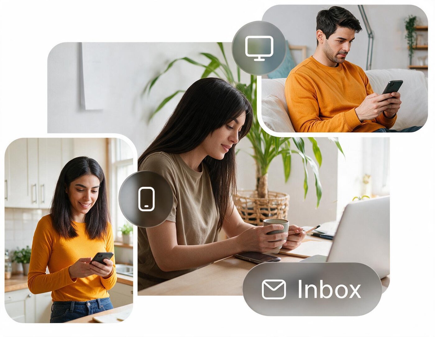 Three overlapping photographs of people reading email on their phones, labelled Inbox