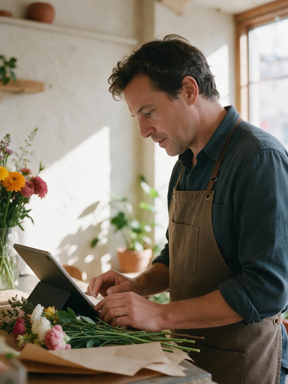 A florist at the shop counter, reading on a tablet propped beside cut flowers